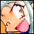 Anime-style character with light blue hair and brown eyes, mouth open in a pink expression, against a black background with white text.