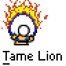 Animated contact sheet of a pixel art icon featuring a blue-ringed white sphere with yellow flames, interacting with a yellow lion-like creature across 11 frames showing sequential motion and text changes.