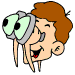 Cartoon character with brown hair and light skin holds a large green binoculars-like object, mouth open in a smile, red tongue visible, three distinct poses on gray background.