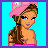 Pixel art contact sheet showing four frames of a cartoon character in pink swimwear with a pink hat and purse, against a bright blue background.