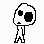 Pixelated character with large black eyes and a small mouth, standing in various poses across a