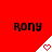 Red background with repeated 'rony' text and white triangular shapes containing red heart symbols.