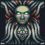 Pixel art depiction of a symmetrical, green-skinned figure with glowing cyan eyes and red serpentine elements surrounding its head against a dark background.