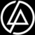 Black background with white circular outline containing a triangle and angular line; green and white vertical shape on right side.