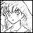 A 48x48 pixel grayscale anime-style character face with visible dithering and anti-aliasing, paired with a black background containing stylized text elements.