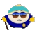 Pixelated character with teal cap, blue robe, yellow shoulder accents, brown eyes behind dark glasses, and a small staff-like object on the left side.