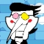 Pixelated cartoon character with asymmetrical glasses, pink and yellow lenses, red cheeks, black hair, white body, and black limbs against a blue background.