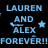 Pixelated blue text on black background reads 'LAUREN AND ALEX FOREVER!!' with a small star symbol next to 'AND'.