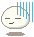 Pixelated cartoon character with closed eyes and a small smile, shown in two animation frames where blue vertical bars decrease from left to right on the head.