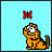 Pixelated orange cat with white face and green mouth sits against light blue background, red butterfly moves across frame from left to right.