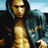 Pixelated static image of a person with long dark hair wearing a dark jacket over a golden outfit against a light blue background.
