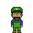 Pixel art of a character with green cap, blue shirt, green overalls, brown shoes, and dark beard against gray background.