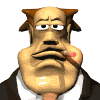 Animated sequence of a cartoon character with brown hair, large nose, and mustache smoking a cigarette, showing facial expressions and hand movements.