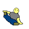 Pixelated character with yellow limbs and head, gray shirt, blue pants performs a sequence of stretching poses on solid light gray background.