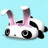 A pixelated cartoon character with large black eyes and pink ears lies on its back against a light blue background, with white text on a black to the right