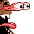 Pixelated character with brown hair, black clothing, and white collar; two large eyes on a pink elongated head structure against gray background.