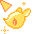 Pixelated yellow fish with orange outlines and white highlights, two fish facing opposite directions on gray background with orange sparkles.