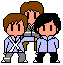 Pixel art of three figures in school uniforms with brown and black hair, one figure's hair changes from black to brown between frames.