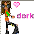 Pixel art contact sheet showing two frames of an animated buddy icon with a cartoon character, pink heart symbol, and 'dork' text.