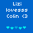 Blue background with white text reading "Lizi", "lovesss", and "Colin <3" above five cyan pixelated heart symbols.