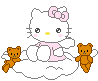 Hello Kitty character with pink bow and angel wings sits on cloud with four teddy bears, two in static pose, two in animated pose.