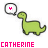 Green dinosaur with black outline and speech bubble containing colored 'Y' symbol, each variant labeled 'CATHERINE' in distinct color below.