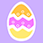 Pixelated egg-shaped icon with orange top section, pink middle bow, and yellow bottom curve on light purple background.