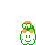 Pixelated character with green cap and white body, orange hair tufts, smiling face; red circular object appears near or on head in some frames.