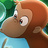 Pixelated close-up of a cartoon monkey's face with brown fur, large eyes, and a light blue background.