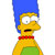 Marge Simpson with blue hair, yellow skin, red bow tie, and green dress in pixelated style.