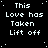 Pixelated text repeats 'This Love has Taken Lift off' across a black background with scattered white dots, some frames showing punctuation variations.