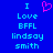 Blue background with cyan text reading 'I Love BFLL lindsay smith' and a pink pixelated heart symbol above 'Love' on the left side.