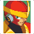 Pixel art animation of a red and yellow armored character with green eyes, showing facial expression changes across eight frames in a contact sheet layout.