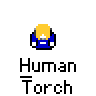 A 4x4 contact sheet of pixel art frames showing a Human Torch character in various fire states, with visible text labels beneath each frame.