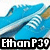 Pixelated blue dolphin swims left to right over water with white foam, below black banner with white text 'EthanP39'.