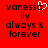 Red background with black pixelated text reading "vanessa ly always & forever" and a white heart-shaped cursor icon above the 'y' in 'ly'.