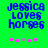 Pixelated blue text on bright green background reads "jessica loves horses" with pink and gray flower icons below, two versions differ in flower arrangement.