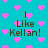 Pixelated cyan background with pink heart shapes and brown text reading "I Like Kellan!" in multiple positions.