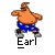 Pixelated cartoon character with orange skin, blue shorts, and black shoes in six sequential poses on gray background with text "Earl" below.