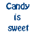 Pixel art contact sheet showing a cartoon character in pink outfit with text about candy and kisses, displayed across multiple frames of an animated icon.