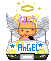 Pixel art angel character with blonde hair, purple headband, and silver wings inside a vehicle-like frame; text reads "AnGEL" in blue letters.