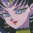 Pixelated close-up of a character's face with purple hair, blue eyes, and red lips against dark background.