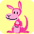 Pixelated pink kangaroo with long ears, black eyes, and a smiling mouth on yellow background.