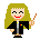Pixel art character with long yellow hair, black robe over gray shirt, red mouth, and brown wand; left side shows closed eyes, right side shows open eyes.