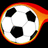 A pixelated soccer ball with black pentagons on a white surface, surrounded by a gradient ring of red, orange, and yellow against a black background.