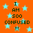 Orange background with light blue stars and black pixelated text reading "I AM SOO CONFUSED !!!" in two vertical