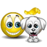 Yellow smiley face and white puppy with yellow bow on head in three of four, showing varied expressions