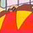 A pixelated static image shows a yellow triangular shape on a red background with brown and white elements above.