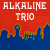 Pixelated static image featuring red background with white text "ALKALINE TRIO" and blue wave-like shapes at the bottom, likely representing a band logo or promotional icon.