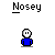 Pixelated blue-shirted character with white head and black eyes, displayed in multiple states including speech bubbles and cursor interactions.